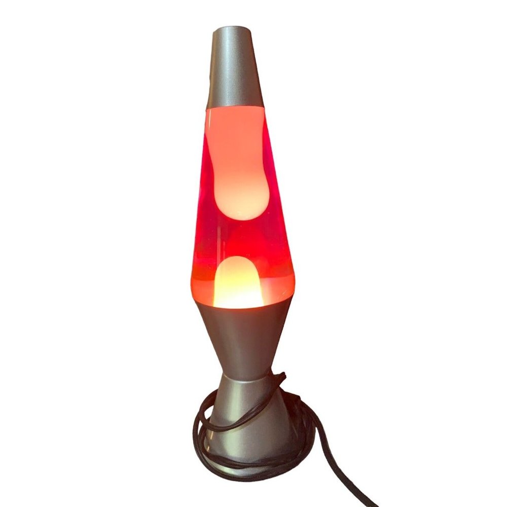 LAVA LAMP - Electric Silver Base Silver Top Pink Orange Wax Liquid 14.5” Tall